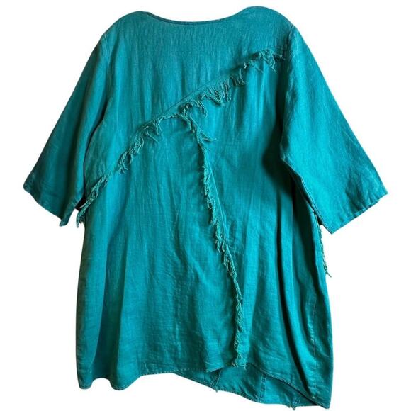 Pecock Ways Artisan 100% Linen Teal Lagenlook Tunic Top Dress Sz L Art To Wear - Picture 6 of 16